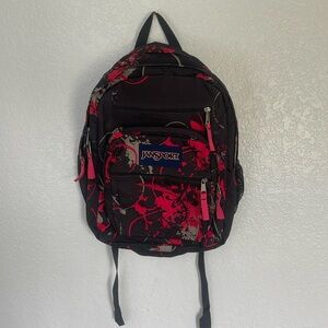 Red and black print, Jansport multi pocket backpack